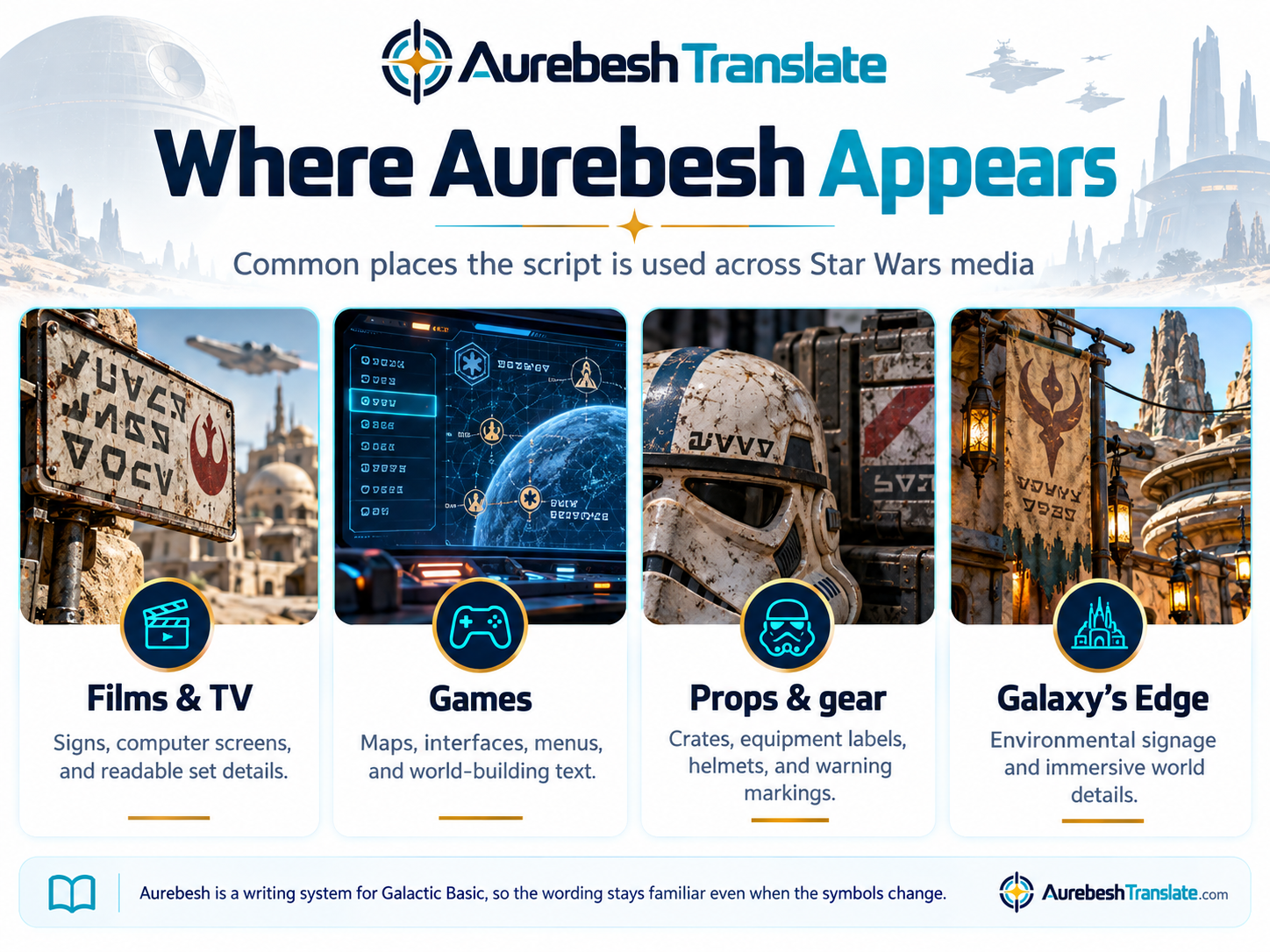 Examples of Aurebesh use in Star Wars films and television, games, physical props, signage and Galaxy's Edge.